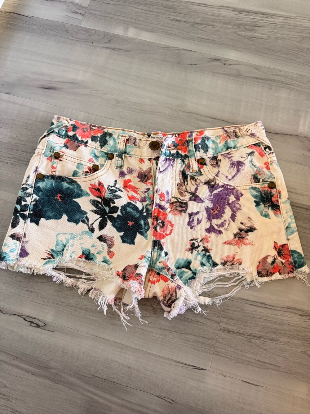 Free People Floral Denim Cutoff Shorts - Cream with Teal, Purple, Coral